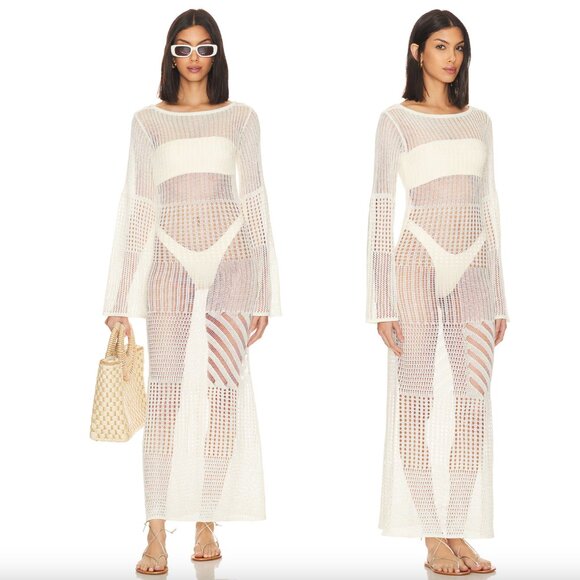 L'Academie Evea Maxi Knit Maxi Dress in White Cream Long Sleeve Net Swim Coverup - Picture 2 of 2
